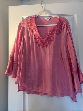 Women's Pink Embroidered V-Neck Top